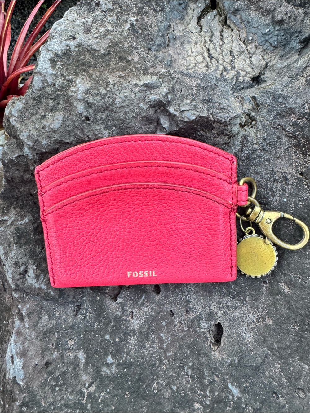 Fossil Red Leather Embroidered Tiger Card Case Keychain - Picture 3 of 8
